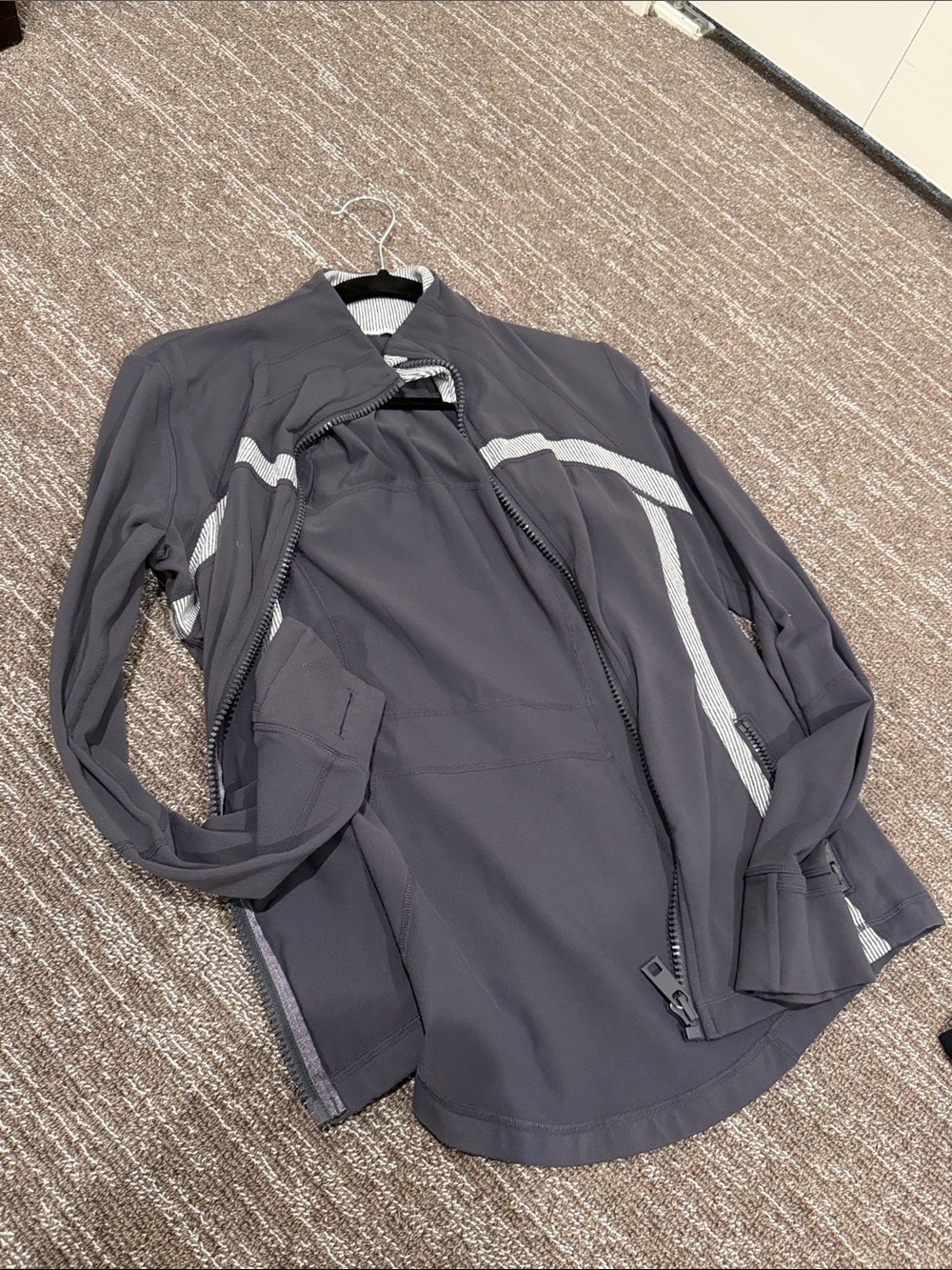 lululemon athletica charcoal bomber jacket with white trim